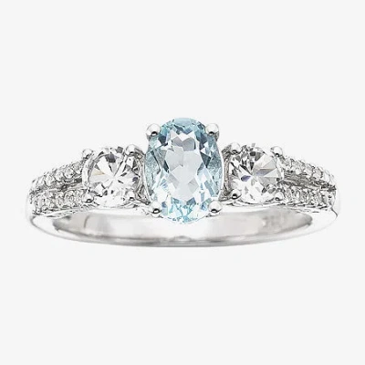 Fine Jewelry Womens Simulated Blue Aquamarine Sterling Silver Oval 3-stone Cocktail Ring In Transparent
