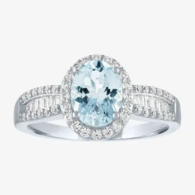 Fine Jewelry Womens Simulated Blue Aquamarine Sterling Silver Oval Cocktail Ring