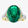 Fine Jewelry Womens Simulated Green Emerald 14k Gold Over Silver Oval Side Stone Cocktail Ring In Green