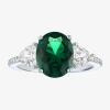 Fine Jewelry Womens Simulated Green Emerald Sterling Silver Oval Side Stone Cocktail Ring In Transparent