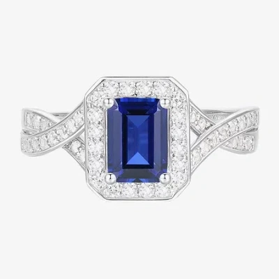 Fine Jewelry Yes Please! Womens Lab Created Blue Sapphire Sterling Silver Halo Side Stone Cocktail Ring In Transparent