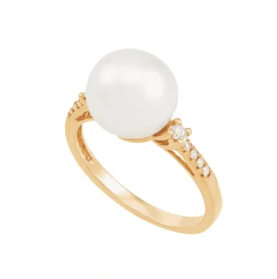 Pre-owned Finecraft Welry Freshwater Pearl & 1/10 Cttw Diamond Ring In 14k Yellow Gold, Size 7