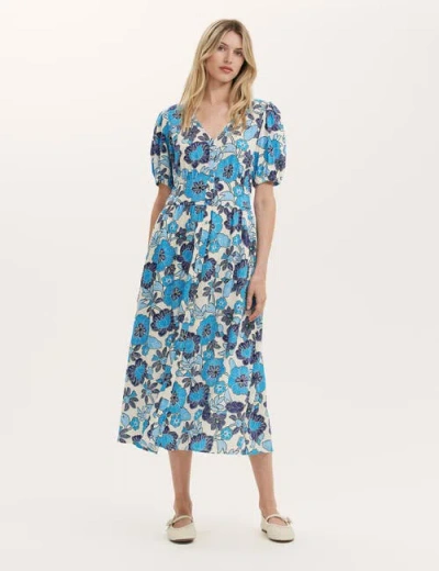Finery London Addison Floral Linen Blend Midi Dress In Blue