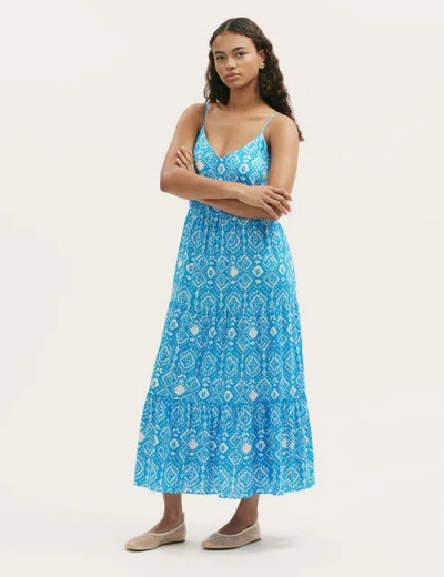 Finery London Emmie Cotton Strappy Midi Tiered Dress In Blue