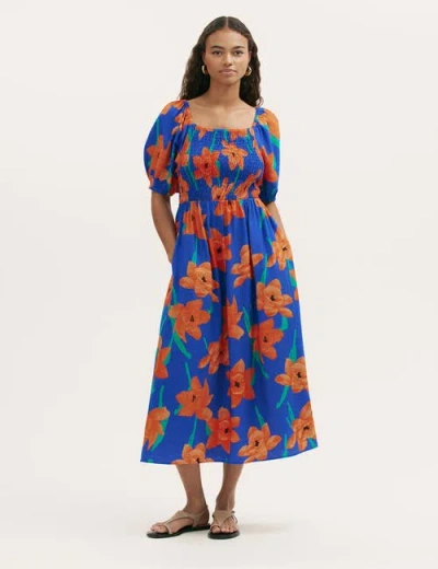Finery London Enzo Short Sleeve Floral Midi Dress In Blue
