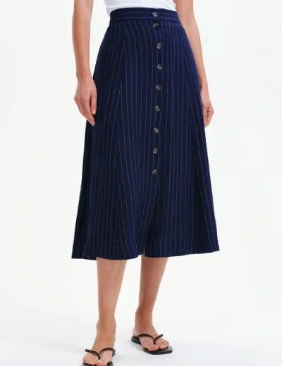 Finery London Frances Stripe Button Through Midi Skirt In Navy Stripe