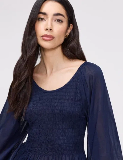 Finery London Jennie Shirred Long Sleeve Cotton Top In Blue
