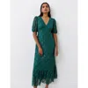 Finery London Loretta 3/4 Sleeve Lace Midi Dress In Green