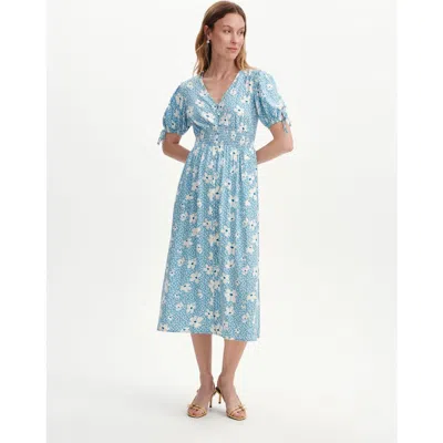 Finery London Margot Button Through Midi Dress In Blue Ditsy