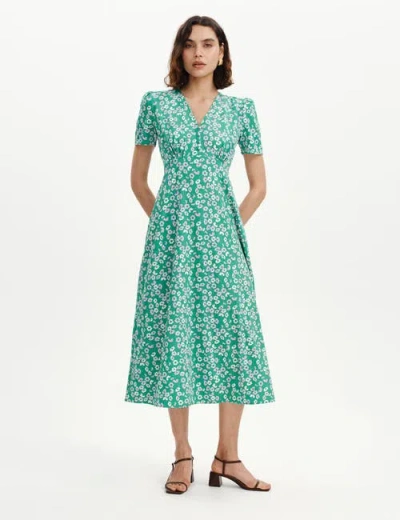 Finery London Nieve V-neck Short Sleeve Midi Dress In Green Daisy