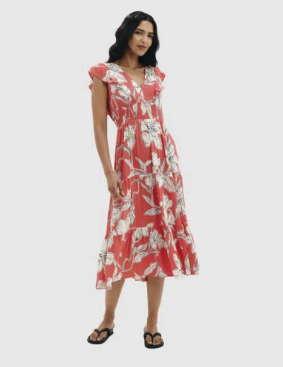 Finery London Petite Mattie V-neck Tiered Midi Dress In Red Floral