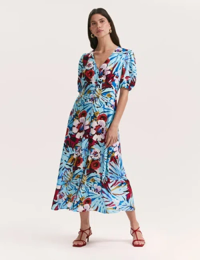 Finery London Sarah Floral Button Down Midi Dress In Blue