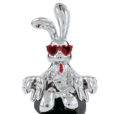 Finesse Decor Sitting Rabbit With Red Tie And Glasses In Metallic