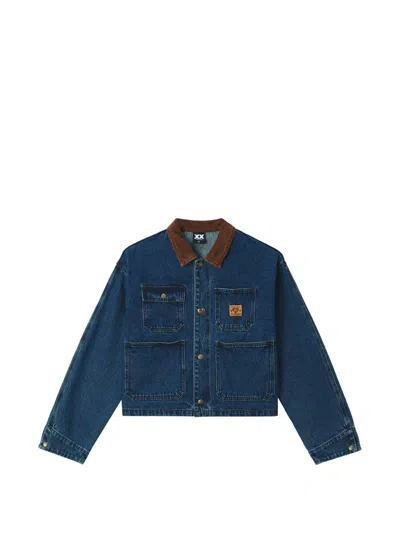 Fingercroxx Corduroy-collar Cropped Denim Jacket In Blue
