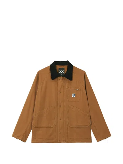 Fingercroxx Corduroy-collar Logo-patch Jacket In Brown