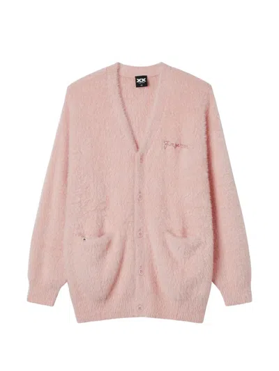 Fingercroxx Embroidered-logo Fluffy Cardigan In Pink