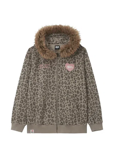 Fingercroxx Leopard-print Faux-fur Trim Hoodie In Gray