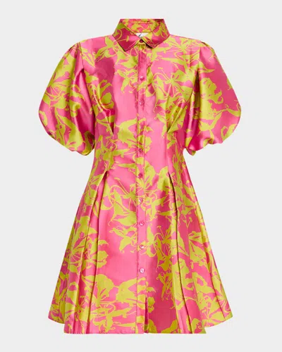 Finley Alicia Pleated Puff-sleeve Jacquard Shirtdress In Pink/citro