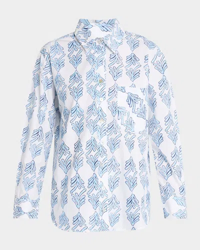 Finley Andie Leaf-print Cotton Shirt In Blue