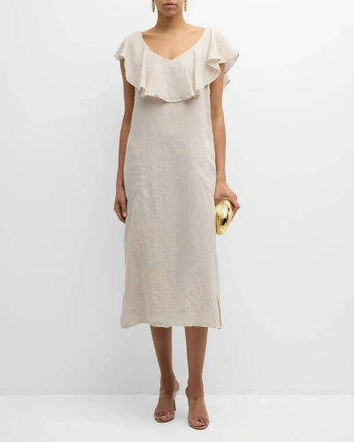 Finley Angel Flutter-sleeve Ruffle Linen Midi Dress In Natural