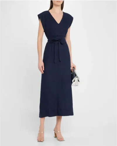 Finley Beverly Long Shift Dress In Washed Linen Navy