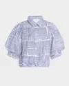 Finley Bomba Striped Blouson-sleeve Cotton Shirt In Navy