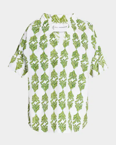 Finley Crosby Leaf-print Cotton Poplin Top In Green