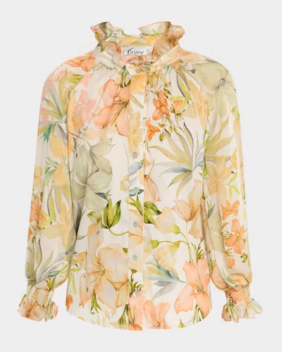 Finley Fiona Floral-print Ruffle Blouse In Nat/coral/
