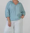 Finley Floaty Blouson-sleeve Seersucker Top In Blue Green In Multi