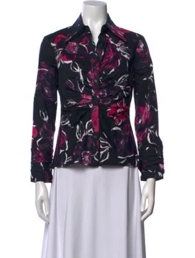 Pre-owned Finley Floral Print Long Sleeve Button-up Top In Black