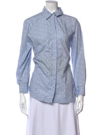 Pre-owned Finley Floral Print Long Sleeve Button-up Top In Blue