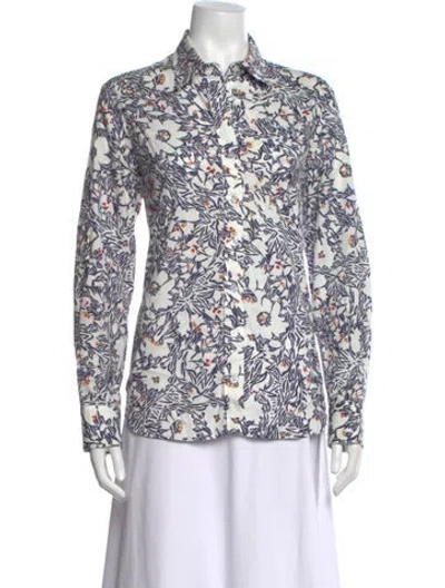 Pre-owned Finley Floral Print Long Sleeve Button-up Top In Blue/white