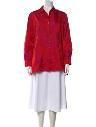 Pre-owned Finley Floral Print Long Sleeve Button-up Top In Red