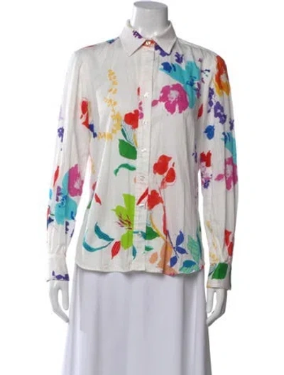 Pre-owned Finley Floral Print Long Sleeve Button-up Top In White