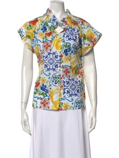 Pre-owned Finley Floral Print Short Sleeve Button-up Top W/ Tags In White