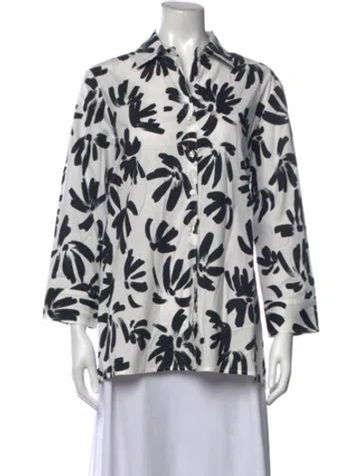 Pre-owned Finley Floral Print Three-quarter Sleeve Button-up Top In White