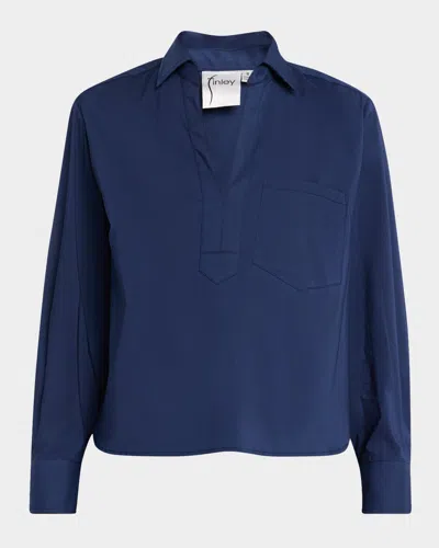 Finley Joni Boxy Silky Cotton Poplin Shirt In Navy