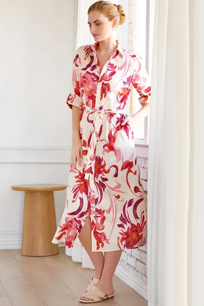 Finley Kyoto Floral Long Alex Shirt Dress In Natural/pink