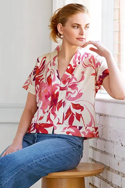 Finley Kyoto Floral Suki Popover Top In Natural/pink In Multi