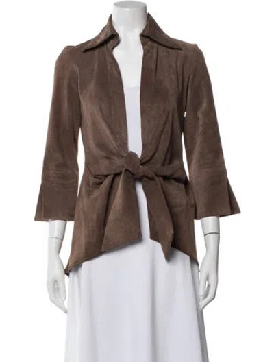 Pre-owned Finley Leather Three-quarter Sleeve Blouse In Brown