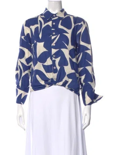 Pre-owned Finley Linen Floral Print Button-up Top In Blue