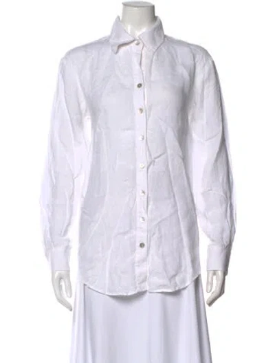 Pre-owned Finley Linen Long Sleeve Button-up Top In White