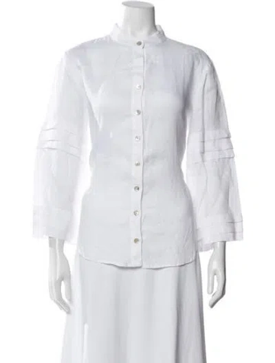 Pre-owned Finley Linen Three-quarter Sleeve Button-up Top In White