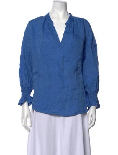 Pre-owned Finley Linen V-neck Blouse In Blue