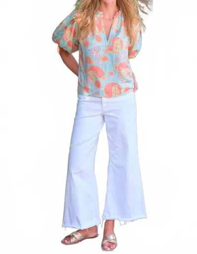 Finley Marcie Popover Nomad Jacquard Blouse In Mint/coral/multi In Blue