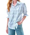 Finley Mended Sirena Short Puff Sleeve Blouse In Blue/ Green Vara Dogwood Print In Blue