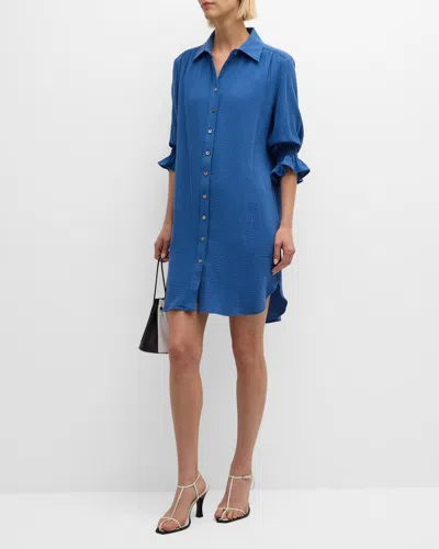 Finley Miller Blouson-sleeve Cotton Gauze Shirtdress In Blue