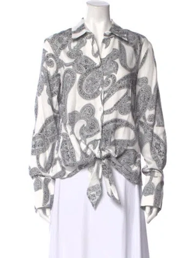 Pre-owned Finley Paisley Print Long Sleeve Button-up Top In White