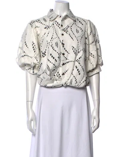 Pre-owned Finley Patterned Short Sleeve Button-up Top In White