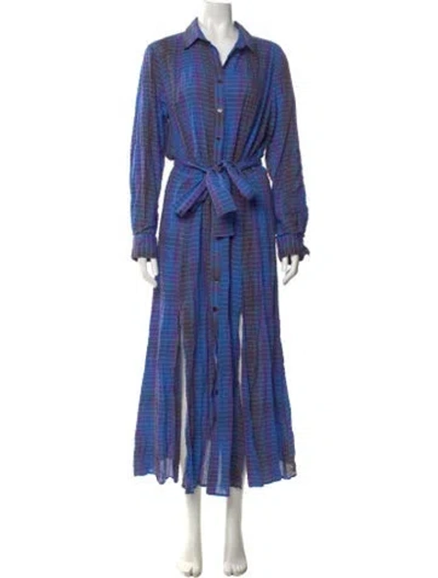Pre-owned Finley Plaid Print Long Dress In Blue